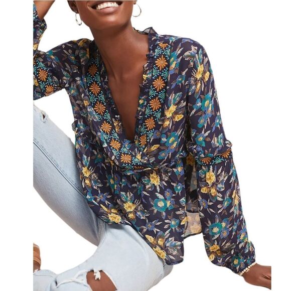 Anthropologie MEADOW RUE Strasser Embroidered Floral Peasant Blouse M - Picture 9 of 9